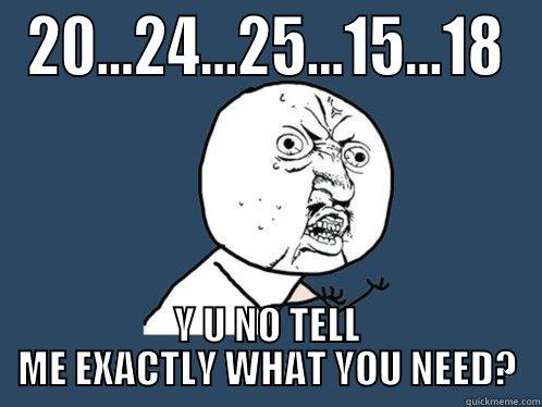 20...24...25...15...18 Y U NO TELL ME EXACTLY WHAT YOU NEED? Y U No