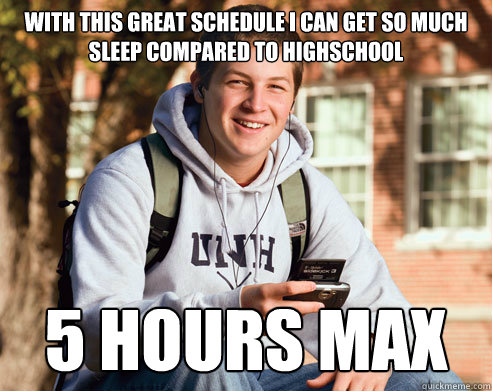 With this great schedule i can get so much sleep compared to highschool 5 hours max  College Freshman