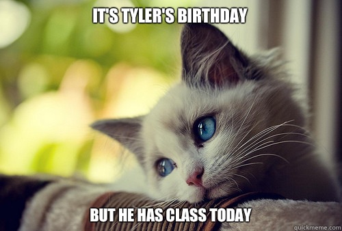 It's Tyler's birthday but he has class today  First World Problems Cat