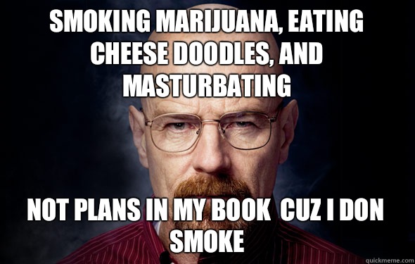 Smoking marijuana, eating Cheese Doodles, and masturbating not plans in my book  cuz i don smoke  Heisenberg