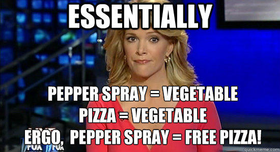 Essentially Pepper spray = Vegetable
pizza = vegetable
ERGO,  Pepper Spray = free pizza!  