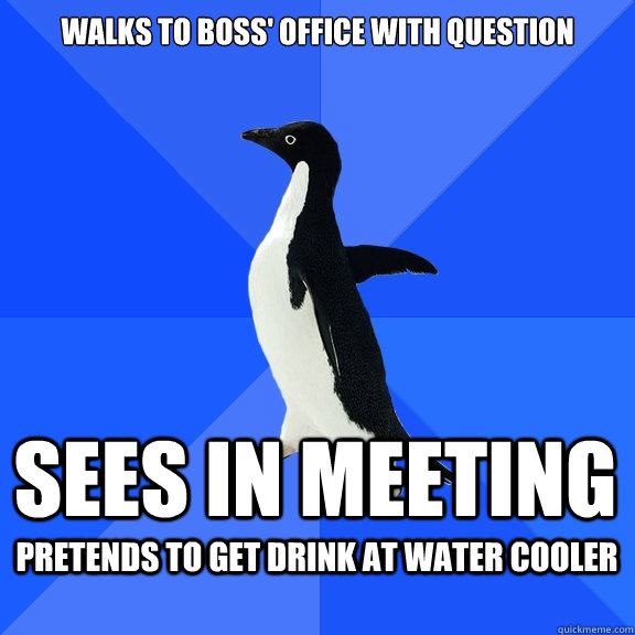 Walks to boss' office with question sees in meeting pretends to get drink at water cooler   Socially Awkward Penguin