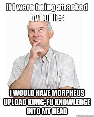 If I were being attacked by bullies I WOULD HAVE MORPHEUS UPLOAD KUNG-FU KNOWLEDGE INTO MY HEAD  Victim-blaming Middle Class White Man