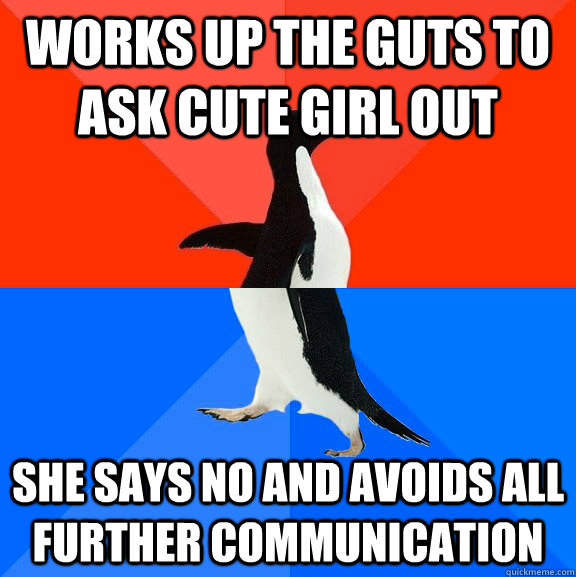 Works up the guts to ask cute girl out She says no and avoids all further communication  Socially Awesome Awkward Penguin