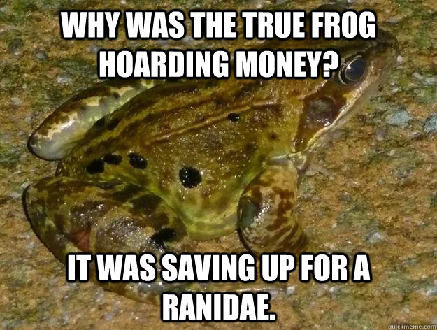 Why was the true frog hoarding money? It was saving up for a Ranidae. - Why was the true frog hoarding money? It was saving up for a Ranidae.  Misc