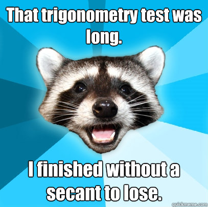 That trigonometry test was long. I finished without a secant to lose. - That trigonometry test was long. I finished without a secant to lose.  Lame Pun Coon