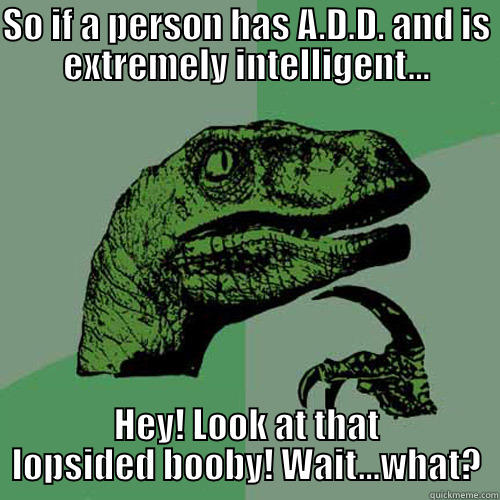 SO IF A PERSON HAS A.D.D. AND IS EXTREMELY INTELLIGENT... HEY! LOOK AT THAT LOPSIDED BOOBY! WAIT...WHAT? Philosoraptor