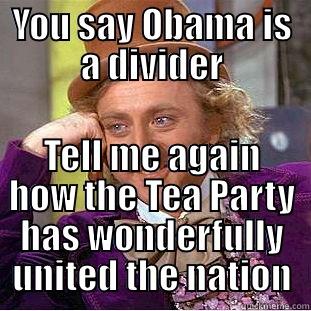 YOU SAY OBAMA IS A DIVIDER TELL ME AGAIN HOW THE TEA PARTY HAS WONDERFULLY UNITED THE NATION Creepy Wonka