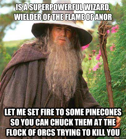 Is a superpowerful wizard, wielder of the flame of anor let me set fire to some pinecones so you can chuck them at the flock of orcs trying to kill you - Is a superpowerful wizard, wielder of the flame of anor let me set fire to some pinecones so you can chuck them at the flock of orcs trying to kill you  Archbishop Gandalf