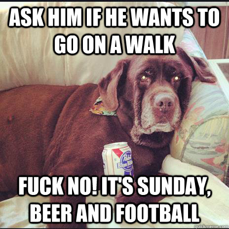 Ask him if he wants to go on a walk Fuck no! it's sunday, beer and football  Man Cave Dog