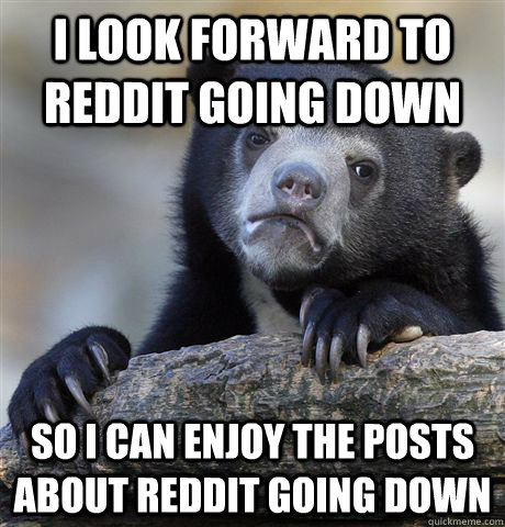 i look forward to reddit going down so i can enjoy the posts about reddit going down  Confession Bear