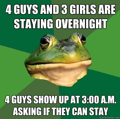 4 guys and 3 girls are staying overnight 4 guys show up at 3:00 A.m. asking if they can stay  Foul Bachelor Frog