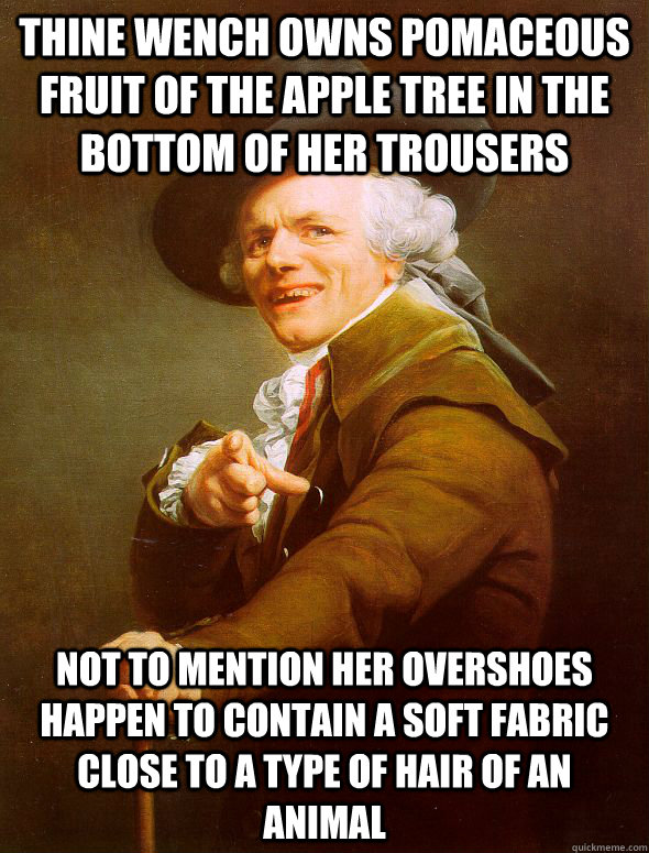 thine wench owns pomaceous fruit of the apple tree in the bottom of her trousers not to mention her overshoes  happen to contain a soft fabric close to a type of hair of an animal  Joseph Ducreux