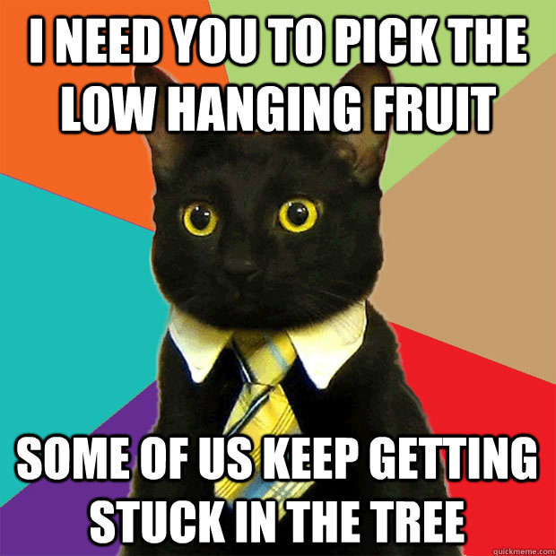 I need you to pick the low hanging fruit Some of us keep getting stuck in the tree - I need you to pick the low hanging fruit Some of us keep getting stuck in the tree  Business Cat