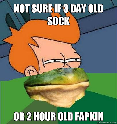 NOT SURE IF 3 DAY OLD SOCK OR 2 HOUR OLD FAPKIN  