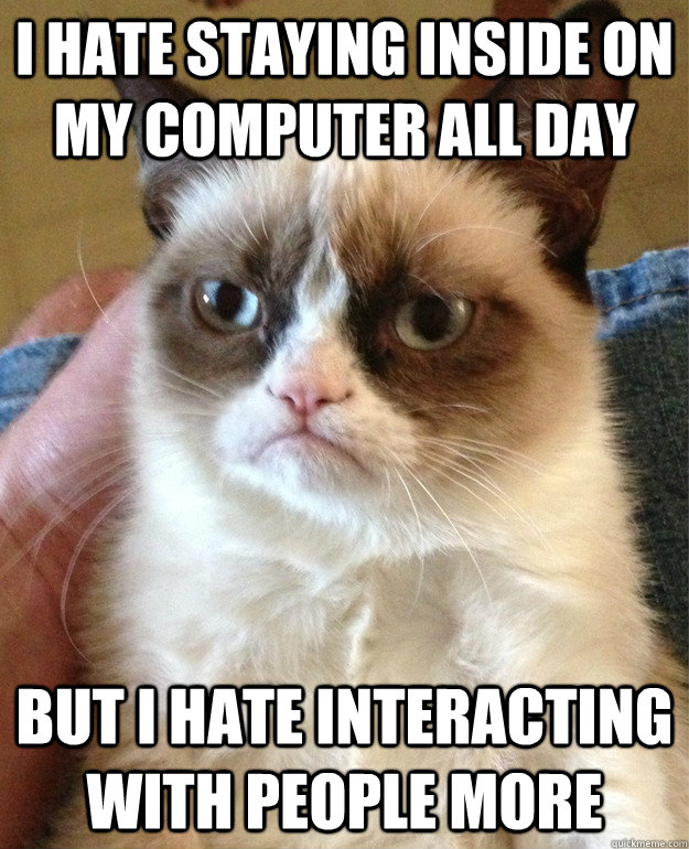 I hate staying inside on my computer all day BUt i hate interacting with people more - I hate staying inside on my computer all day BUt i hate interacting with people more  Grumpy Cat
