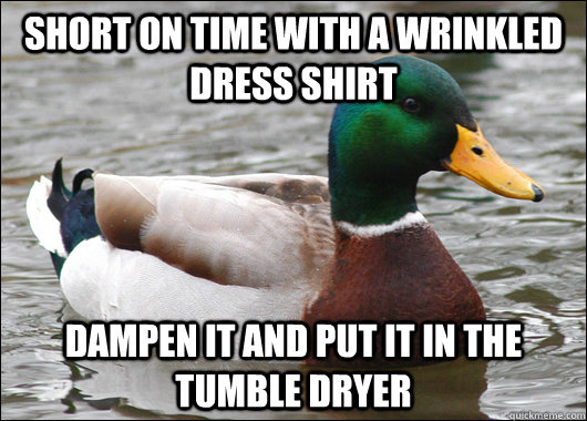 Short on time with a wrinkled dress shirt Dampen it and put it in the tumble Dryer  Actual Advice Mallard