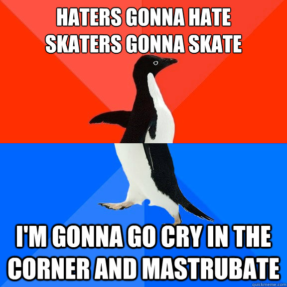 Haters gonna hate
skaters gonna skate I'm gonna go cry in the corner and mastrubate  Socially Awesome Awkward Penguin
