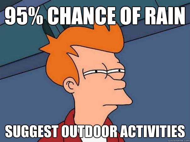 95% chance of rain suggest outdoor activities  Futurama Fry