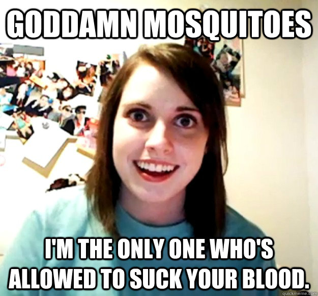 Goddamn mosquitoes  I'm the only one who's allowed to suck your blood.  Overly Attached Girlfriend