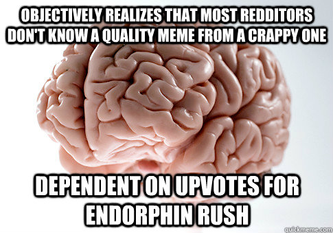 objectively realizes that most redditors don't know a quality meme from a crappy one dependent on upvotes for endorphin rush  Scumbag Brain