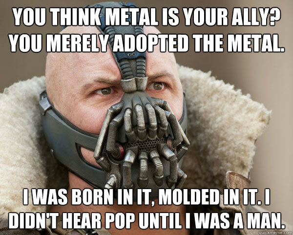 You think metal is your ally? You merely adopted the metal. I was born in it, molded in it. I didn't hear pop until I was a man.  Bane Connery
