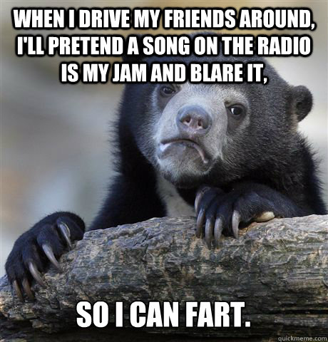 When I drive my friends around, I'll pretend a song on the radio is my jam and blare it, so I can fart.   Confession Bear