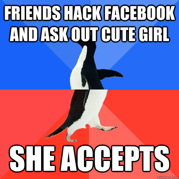 Friends hack facebook and ask out cute girl she accepts  Socially Awkward Awesome Penguin
