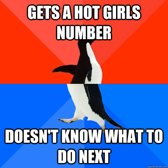 Gets a hot girls number Doesn't know what to do next  Socially Awesome Awkward Penguin