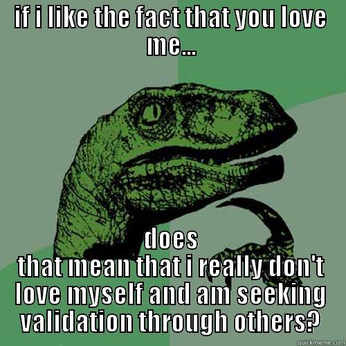 IF I LIKE THE FACT THAT YOU LOVE ME... DOES THAT MEAN THAT I REALLY DON'T LOVE MYSELF AND AM SEEKING VALIDATION THROUGH OTHERS? Philosoraptor