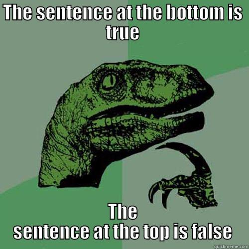 THE SENTENCE AT THE BOTTOM IS TRUE THE SENTENCE AT THE TOP IS FALSE Philosoraptor