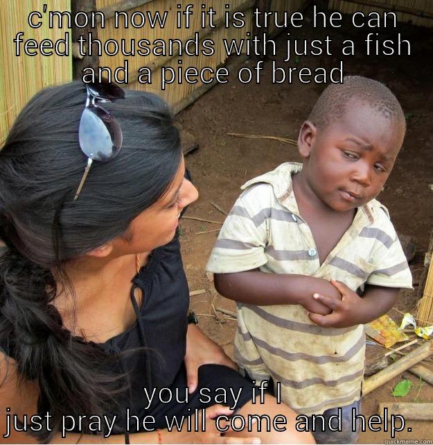 C'MON NOW IF IT IS TRUE HE CAN FEED THOUSANDS WITH JUST A FISH AND A PIECE OF BREAD YOU SAY IF I JUST PRAY HE WILL COME AND HELP.  Skeptical Third World Kid