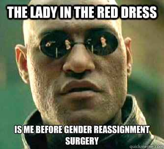 The lady in the red dress is me before gender reassignment surgery  Matrix Morpheus
