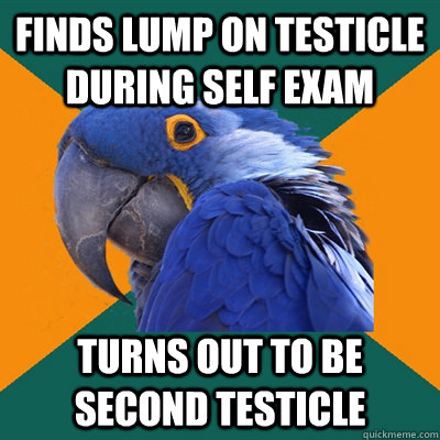 finds lump on testicle during self exam turns out to be second testicle  Paranoid Parrot
