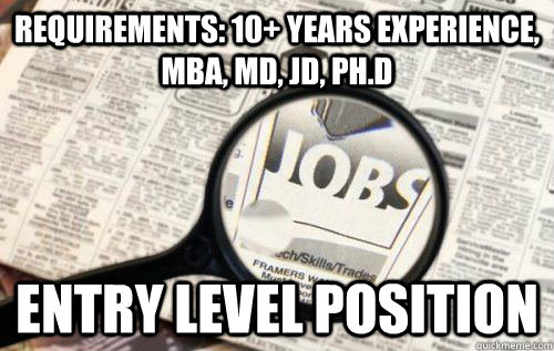 Requirements: 10+ Years experience, MBA, MD, JD, Ph.D Entry level position  