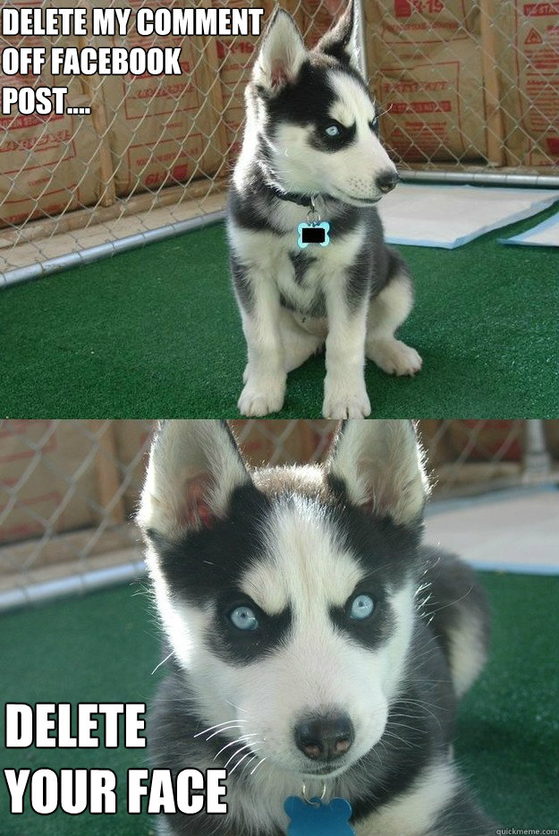 Delete my comment 
off Facebook 
post.... Delete 
your face
  Insanity puppy