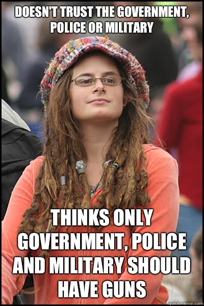 Doesn't trust the government, police or military Thinks only  government, police and military should have guns - Doesn't trust the government, police or military Thinks only  government, police and military should have guns  College Liberal
