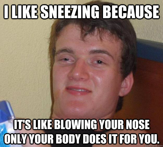 I like sneezing because it's like blowing your nose only your body does it for you. - I like sneezing because it's like blowing your nose only your body does it for you.  10 Guy