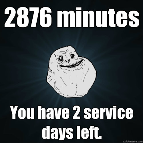 2876 minutes You have 2 service days left.
  Forever Alone
