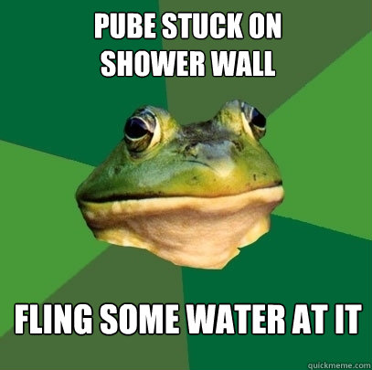 pube stuck on 
shower wall fling some water at it  Foul Bachelor Frog