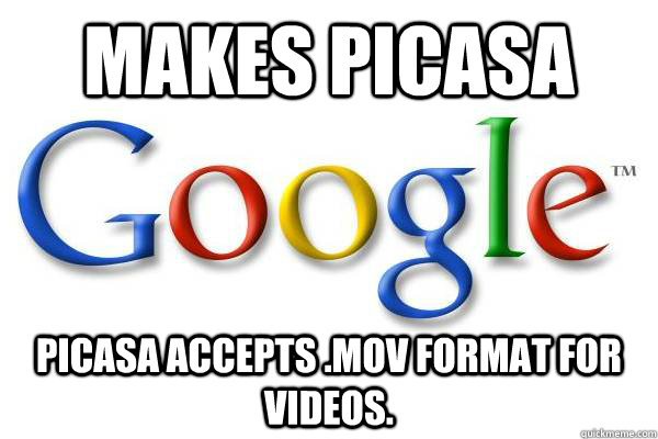 Makes Picasa Picasa accepts .Mov format for videos.  Good Guy Google