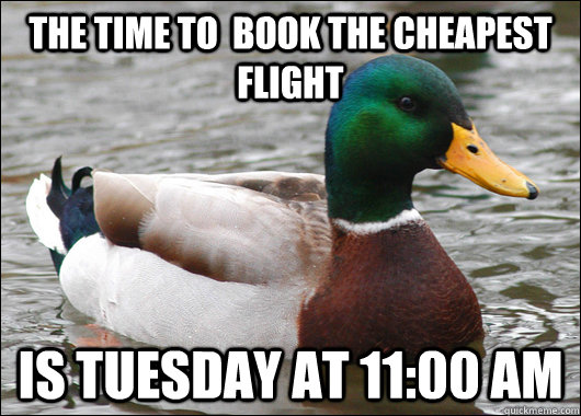 The time to  book the cheapest flight is tuesday at 11:00 AM  Actual Advice Mallard