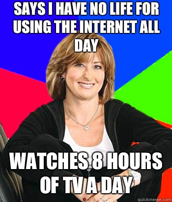 Says I have no life for using the Internet all day Watches 8 hours of TV a day - Says I have no life for using the Internet all day Watches 8 hours of TV a day  Sheltering Suburban Mom