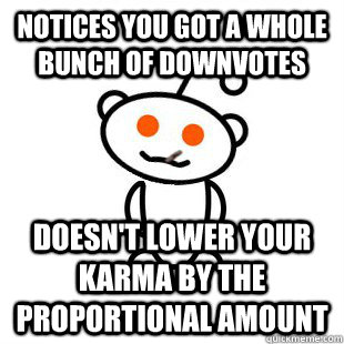 Notices you got a whole bunch of downvotes doesn't lower your karma by the proportional amount  Good Guy Redditor