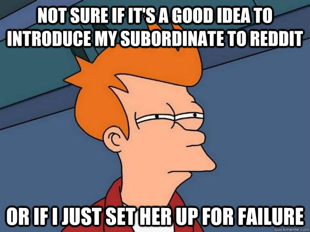 Not sure if it's a good idea to introduce my subordinate to Reddit Or if i just set her up for failure - Not sure if it's a good idea to introduce my subordinate to Reddit Or if i just set her up for failure  Futurama Fry