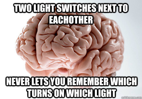 Two light switches next to eachother Never lets you remember which turns on which light  Scumbag Brain