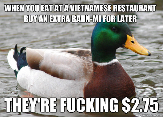When you eat at a Vietnamese restaurant buy an extra bahn-mi for later they're fucking $2.75  Actual Advice Mallard