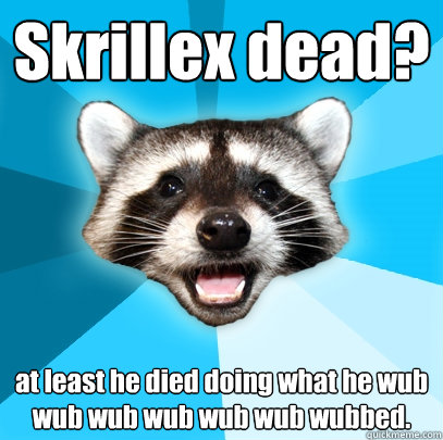 Skrillex dead? at least he died doing what he wub wub wub wub wub wub wubbed. - Skrillex dead? at least he died doing what he wub wub wub wub wub wub wubbed.  Lame Pun Coon