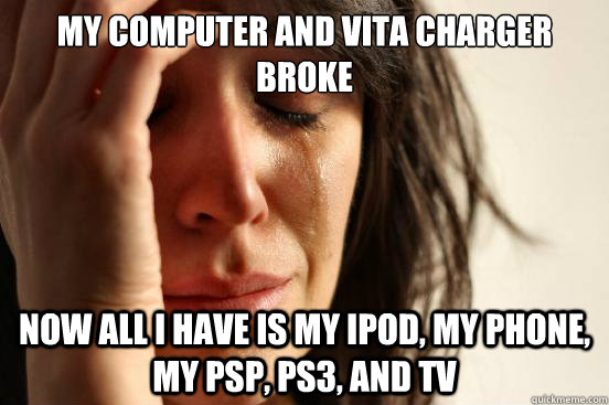 My computer and Vita charger broke Now all I have is my ipod, my phone, my PSP, PS3, and TV  First World Problems