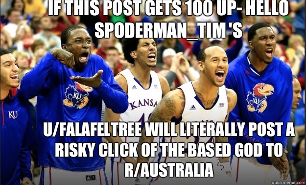 If this post gets 100 up- Hello spoderman_tim 's u/falafeltree will literally post a risky click of the based god to r/australia   BASED GOD